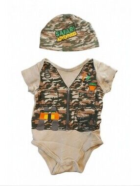 🔥5/$25🔥Baby Boy Safari Explorer Outfit 6-9M Camo Bodysuit Hat Set